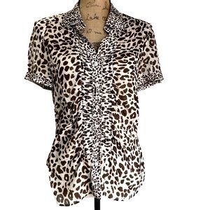 GIORGIO GRATI Women's Shirt SZ 46/10 Animal Print Ruched Front Button Up Blouse